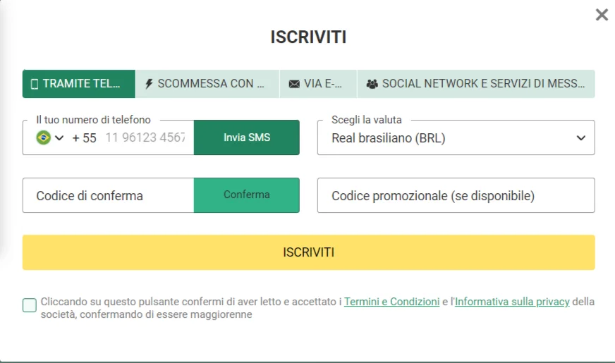 Registrazione su BetWinner Italia